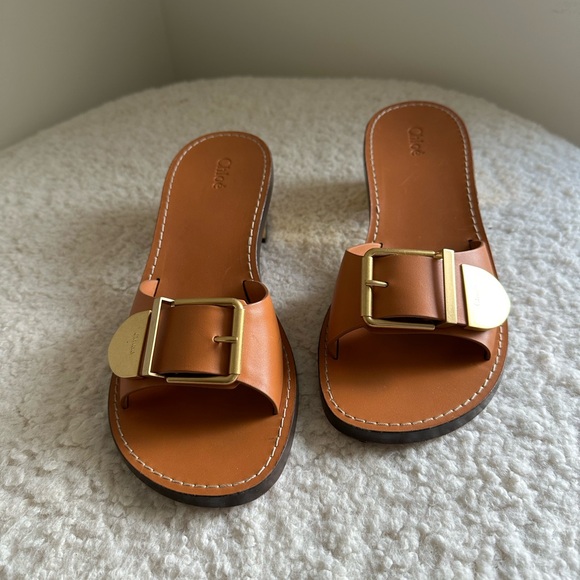 Chloe Rebeca 70 Brown Slide Sandals with Gold Buckle. Size 8 1/2. - Picture 2 of 6